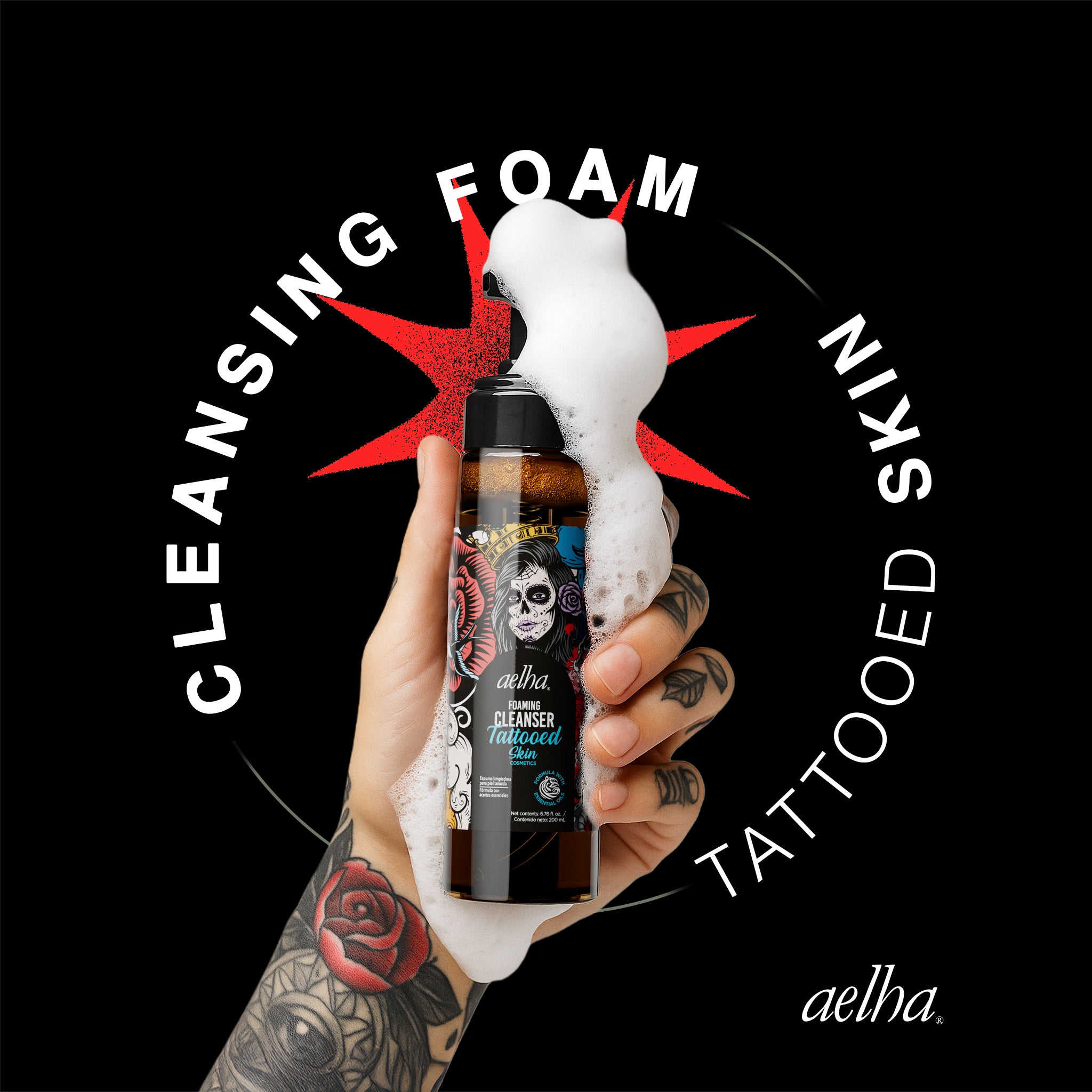 Aelha Foaming Cleanser for Tattooed Skin Gentle Effective Formula with Essential Oils for Sensitive Skin Soothing Cleanse Ideal for Tattoo Care